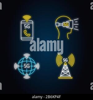 5G wireless technology neon light icons set. VR headset. Cell tower. Improved phone calls. World standard. Mobile network. Signs with outer glowing Stock Vector