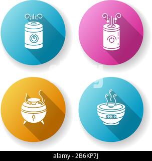 Air humidifiers, oil diffusers flat design long shadow glyph icons set. Minimalistic air purifiers, climate control appliances, premises humidity Stock Vector