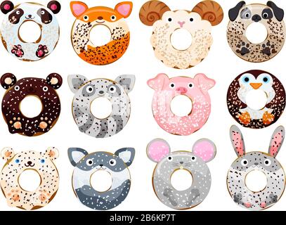 Cute powdered animals donuts set isolated on white vector illustration. Cute cartoon characters. Stock Vector