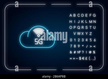 5G cloud service neon light icon. Cloud computing. Remote workforce. Network storage. Outer glowing effect. Sign with alphabet, numbers and symbols Stock Vector