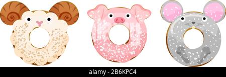 Cute powdered animals sheep, pig, mouse donuts set vector illustration Stock Vector