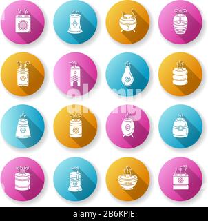Air purifiers, humidifiers, ionizers flat design long shadow glyph icons set. Climate control devices, household appliances, indoor humidity Stock Vector