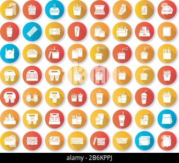 Takeaway meal flat design long shadow glyph big icons set. Coffee to go, containers for salad and hot fast food. Plastic, cardboard, paper takeout Stock Vector