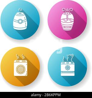 Air purifiers variety flat design long shadow glyph icons set. Modern air humidifiers, climate control devices, different design humidity regulators Stock Vector
