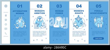 Women empowerment onboarding vector template. Girl career anf social life achievement. Female rights. Responsive mobile website with icons. Webpage Stock Vector