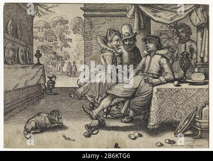 Elegant company to set table A richly dressed couple and a young man glass in hand sitting at a set table on a patio overlooking a garden. Besides the table a wine cooler on the ground. Against the left wall and a long, narrow box with tin borden. Manufacturer : printmaker Simon Poelenburg to design: Esaias van de Velde (listed property) Place manufacture: printmaker Amsterdam to design Haarlem Dating: 1614 Physical features: etching and engra material: paper technique: etching / engra (printing process) Dimensions: sheet: h 155 mm × W 220 mm Subject: private festivities, merry company - AA - Stock Photo