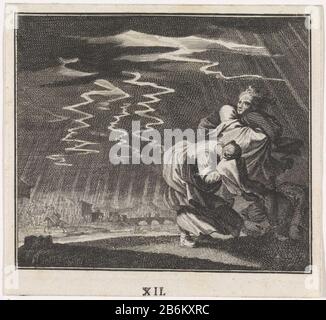 Embleem onweer Landschap tijdens onweer A landscape during a storm. It rains and lightning. In the foreground some travelers who seek to protect against rain and wind. In the background a stad. Manufacturer : printmaker: Caspar Luyken to drawing: Jan Luyken Publisher: Christoph WeigelPlaats manufacture: Nuremberg Date: approx 1700 Physical features: etching material: paper Technique: etching Dimensions: plate edge: H 108 mm × W 124 mmToelichtingBoekillustratie for Weigel, Christoph. Ethics Naturalis seu Documenta Moralia e Variis rerum naturalium proprietatibus Virtutum Vitiorumq symbolicis im Stock Photo
