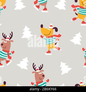 Christmas seamless pattern with dogs and dears Stock Vector