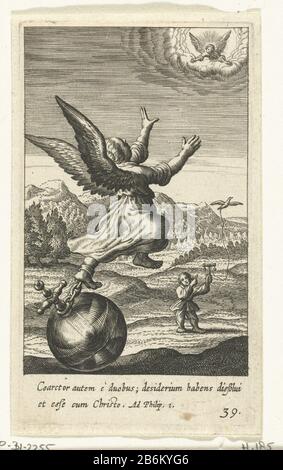 Engel geketend aan de wereld Pia desideria (serietitel) an angel on earth reaches an angel in heaven but is stopped by the globe which his foot was chained. The landscape is a child playing with a bird flying in the air on a rope manufacture manufacturer: printmaker: Boëtius Adamsz. Bolswertnaar own design: Boëtius Adamsz. Bolswertuitgever: Hendrik Aertssens Place manufacture: Antwerpen Date: 1590 - 1624 and / or 1624 Physical characteristics: engra material: paper Technique: engra (printing process) Measurements: plate edge: h 95 mm × b 55 mmToelichtingBoekillustratie of: Herman Hugo, Pia des Stock Photo