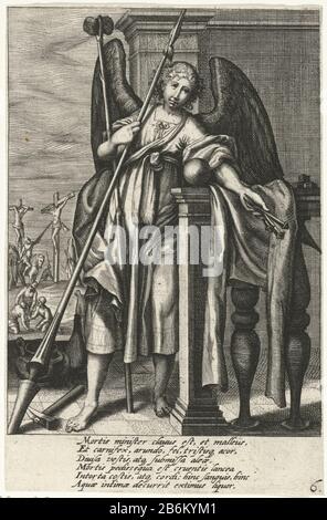 Engel met lans en nagels Passiewerktuigen (serietitel) in the foreground, an angel with a balustrade, in the right hand the lance in his left hand nails Where: with Christ on the cross was nailed. In the background Calvary. Christ's side is pierced with a lance by Longinus and soldiers gambling for his kleding. Manufacturer : printmaker Abraham High Mountain to design: Augustin Braun Writer: Guilhelm Salsman Dating: 1608 - 1658 Physical features: car material: paper Technique: engra (printing process) Dimensions: sheet: h 165 mm × W 108 mm Subject: the instruments of the Passion and the five w Stock Photo