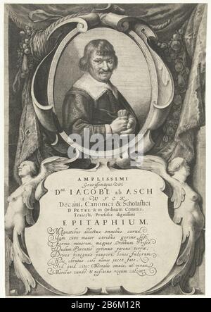 Epitaaf met portret van Jacob van Asch van Wijck Epitaph with portrait of Jacob van Asch van Wijck in oval frame with scroll work, decorated with cornucopia and garland with fruits. Under the portrait a cartouche with verse eight lines in Latin, flanked by two women vleugels. Manufacturer : printmaker Jan Gerritsz. of Bronckhorst Writer: anonymous location manufacture: The Netherlands Date: 1645 - 1661 Physical characteristics: etching material: paper Technique: etching dimensions: sheet: h 470 mm × W 322 mmOnderwerpWie: Jacob van Asch van Wyck Stock Photo