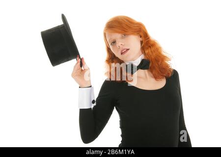 Woman as dandy taking black hat off isolated over white background Stock Photo