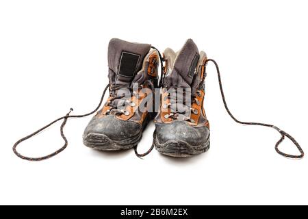 old worn shoes with laces isolated Stock Photo