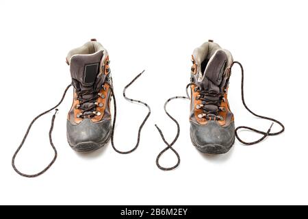 old worn shoes with laces isolated Stock Photo