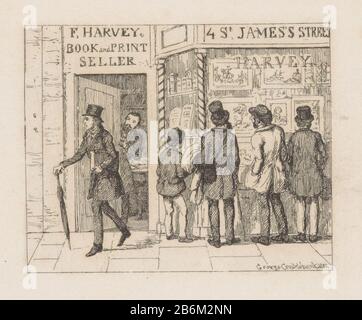 Etalage van Francis Harvey, boek- en prentverkoper te Londen Voor de etalage van de winkel van Francis Harvey aan St. James's Street te Londen staan drie mannen en een jongen. Uit de deur komt een man met een hoge hoed en een paraplu, een boek onder zijn arm geklemd. In de deuropening staat een man met een baard, Stock Photo