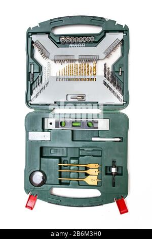 suitcase with tools and set of drills isolated Stock Photo
