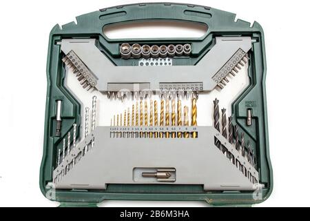 suitcase with tools and set of drills isolated Stock Photo