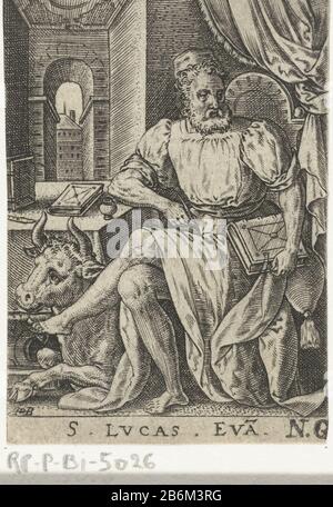 Evangelist Lucas De vier evangelisten (serietitel) The evangelist Luke, in his study. He keeps his Gospel in hand. In addition it is the ox, the symbolic animal of its evangelie. Manufacturer : print maker: Abraham de Bruyn (indicated on object) Place manufacture: Antwerpen Date: 1578 Physical characteristics: engra material: paper Technique: engra (printing process) Measurements: sheet: h 65 mm × b 45 mm Subject: St. Luke writing his gospel, usually a (winged) oxy present Stock Photo