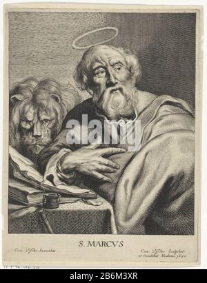 Evangelist Marcus met leeuw S MARCVS (titel op object) Vier evangelisten (serietitel) Evangelist Marcus with lion. MARCVS (title object) Four Evangelists (series title) Property Type: print Serial number: 2 (4) Item number: RP-P-OB-103.515Catalogusreferentie: Hollstein Dutch 12-1 (2) Markings / Brands: collector's mark, verso, stamped: Lugt 2228 Manufacturer : printmaker Cornelis Visscher (II) (listed building), designed by Cornelis Visscher (II) (listed building) publisher Cornelis Visscher (II) (listed building) Place manufacture: Haarlem Dating: 1650 Physical features: car material: paper T Stock Photo