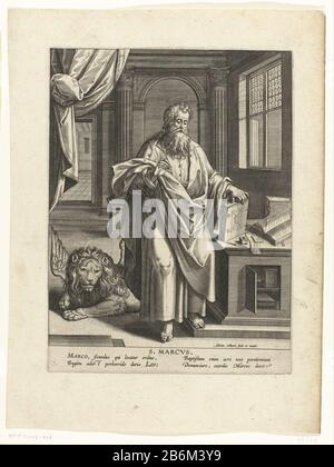 Evangelist Marcus S Marcvs (titel op object) Vier evangelisten (serietitel) The evangelist Mark standing next to a table where: on books and writing materials. Behind him is a winged lion as its symbol. Through a doorway is a corridor visible. The print has a Latin caption. The print is part of a four part series on the four evangelisten. Manufacturer : printmaker: Adriaen Collaert (listed building) publisher: Adriaen Collaert (listed building) author: Cornelis Kilian (listed property) Place manufacture: Antwerp Date: 1570 - 1618 Physical features: car material: paper Technique: engra (printin Stock Photo