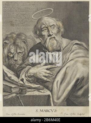 Evangelist Marcus met leeuw S MARCVS (titel op object) Vier evangelisten (serietitel) Evangelist Marcus with lion. MARCVS (title object) Four Evangelists (series title) Property Type: print Serial number: 2 (4) Item number: RP-P-OB-62.062Catalogusreferentie: Hollstein Dutch 12-2 (2) Markings / Brands: collector's mark, verso, stamped: Lugt 2228 Manufacturer : printmaker Cornelis Visscher (II) (listed building), designed by Cornelis Visscher (II) (listed building) Place manufacture: Haarlem Dating: 1650 - 1658 Physical features: car material: paper Technique: engra (printing process) Dimensions Stock Photo