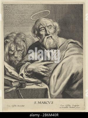Evangelist Marcus met leeuw S MARCVS (titel op object) Vier evangelisten (serietitel) Evangelist Marcus with lion. MARCVS (title object) Four Evangelists (series title) Property Type: print Serial number: 2 (4) Item number: RP-P-OB-62.061Catalogusreferentie: Hollstein Dutch 12-1 (2) Markings / Brands: collector's mark, verso, stamped: Lugt 2228 Manufacturer : printmaker Cornelis Visscher (II) (listed building), designed by Cornelis Visscher (II) (listed building) publisher Cornelis Visscher (II) (listed building) Place manufacture: Haarlem Dating: 1650 Physical features: car material: paper Te Stock Photo