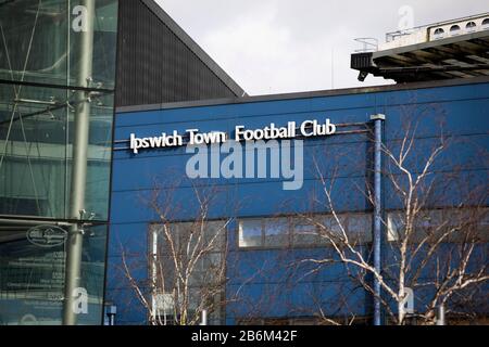 An exterior view of the stadium before Ipswich Town play Oxford United in a SkyBet League One fixture at Portman Road. Both teams were in contention for promotion as the season entered its final months. The visitors won the match 1-0 through a 44th-minute Matty Taylor goal, watched by a crowd of 19,363. Stock Photo