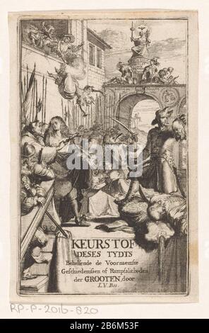 Executies op het schavot Titelpagina voor Lambert van den Bos, Keurstof deses tydts Behelsende de Voornaemste Geschiedenissen of Rampsalicheden der Grooten, 1672 a young man pointing a monk with cross on executions on the scaffold beside them. A man stands on two bodies and holding a severed head. Behind two men with turbans, one of them holding his heavy d in the air. Left a woman to thrown down and shot her from a balcony. In the background a stone Woman sitting Justice on a throne surrounded by an old woman and young soldaat. Manufacturer : printmaker: Romeyn de Hooghe (listed building) in Stock Photo