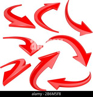 Red shiny 3d arrows. Curved signs Stock Vector