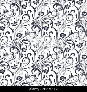Black filigree floral pattern. Black and white seamless background Stock Vector