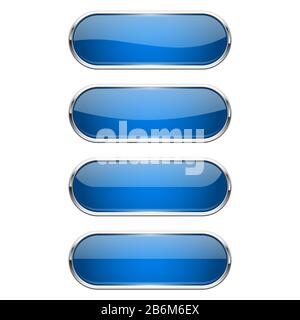 Web glass buttons. Blue shiny oval icons with metal frame Stock Vector