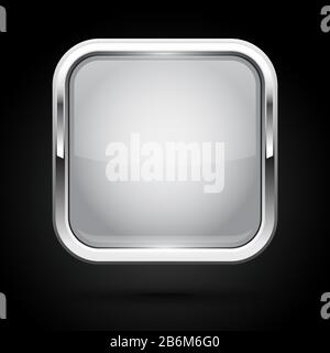 White glass button with metal frame. Square icon on black background Stock Vector