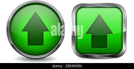 Green buttons. Upload glass icons with metal frame Stock Vector