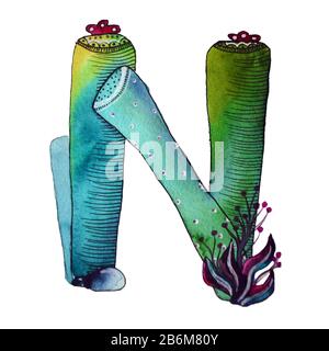 N letter in the form of cactus in blue colors, green eco English letter Illustration on a white background Stock Photo