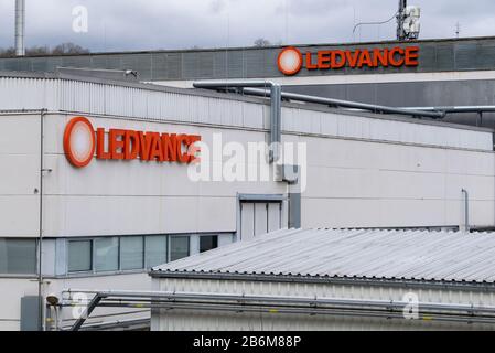 11 March 2020, Bavaria, Eichstätt: The logo of the luminaire manufacturer Ledvance can be seen at the Eichstätt plant. The luminaire manufacturer Ledvance wants to close its largest German plant in Eichstätt with around 360 employees. Photo: Sven Hoppe/dpa Stock Photo