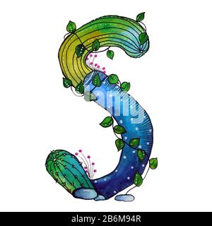 S letter in the form of cactus in blue colors, green eco English letter Illustration on a white background Stock Photo