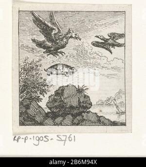 Fabel van de arend, de kraai en de schildpad Illustraties voor fabelvertellingen van Phaedrus (serietitel) A eagle late, already flying next to a crow, a turtle out of its jaws fall on a rock. This illustration is made in Aesopic fables of the Latin poet Phaedrus. Manufacturer : printmaker Simon Fokke Place manufacture: Amsterdam Date: 1769 Physical features: etching material: paper Technique: etching Dimensions: sheet: H 44 mm × W 41 mm Subject: fable Stock Photo