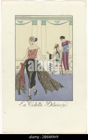 Three fashionably dressed women in a interior with classical columns. Print from the series Falbalas & Fanfreluches (1922-1926) . Manufacturer : to drawing of: George Barbier (indicated on object) print maker: anonymous publisher: J. MeynialPlaats manufacture: Paris Date: 1921, and / or 1922 Physical characteristics: lithography, with the templates, and hand colored material: paper technique: pochoir / hand color / lithography (technique) Dimensions: sheet: h 244 mm × W 159 mm Subject: fashion plates dress, gown (+ women's clothes) head-gear: hat (+ women's clothes) shoes, sandals (+ women's c Stock Photo