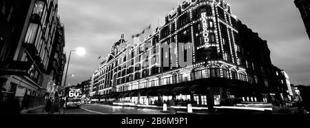 Low angle view of buildings lit up at night, Harrods, London, England
