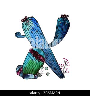 X letter in the form of cactus in blue colors, green eco English letter Illustration on a white background Stock Photo