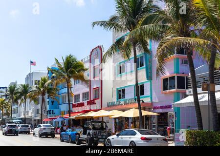 A row of Art Deco style hotels alongside Ocean Drive, South Beach, Miami Beach, Florida, USA. Stock Photo