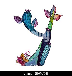 Y letter in the form of cactus in blue colors, green eco English letter Illustration on a white background Stock Photo