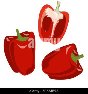 Red bell pepper, whole fruit and half, vegetables set. Vector illustration cartoon flat icon isolated on white Stock Vector