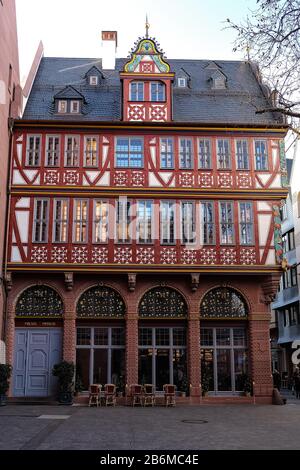 Europe, Germany, Rhein-Main, Frankfurt, new old town, a cafe in a half-timbered house, in front of the door tables and chairs invite to stay, Roemer Stock Photo