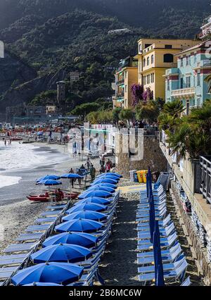 The seaside resort town of Monterosso is part of Cinq Terre. Stock Photo