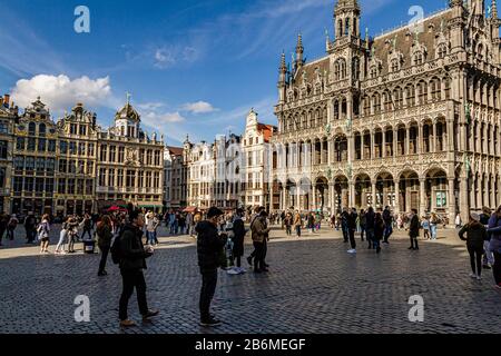 The hotel de ville, or city hall, in Grand Place, the main pedestrianised square in the city centre of Brussels, capital city of Belgium. March 2019. Stock Photo