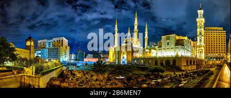 Buildings lit up at night, Beirut, Lebanon Stock Photo