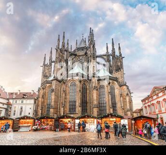 DECEMBER 2017, PRAGUE, CZECH REPUBLIC: New Year kiosk at the Christmas market on the square in Prague Castle near St. Vitus Cathedral Stock Photo