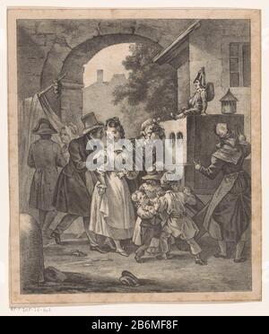 Figuren rond een kijkkast One square is a look cabinet on top of a Harlequin, next to a female owner. A woman looking through a window next to her three children to fight a plaatsje. Manufacturer : printmaker: anonymous Date: ca. 1825 - ca. 1875 Physical features: lithography material: paper Technique: lithography (technique) Dimensions: sheet: H 212 mm × W 183 mm Subject: peep-show performance in the open air (pleasure fair) types of 'commedia dell'arte' Harlequin Stock Photo