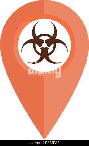 Location pin with biohazard sign icon over white background. Flat style illustration. Stock Vector